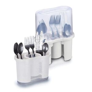 Seca Talheres Escorre Branco Tampa Plástica Transparente 18,5x9,5x24cm 224B - Nitron