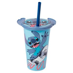 Copo com Tampa Orelhas Stitch Plástico Azul 500ml 17990 - Plasútil