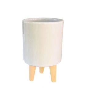 Vaso Cachepot Porcelana Branco Brilhante com Pé de Madeira AQ105531 - Brascontinental