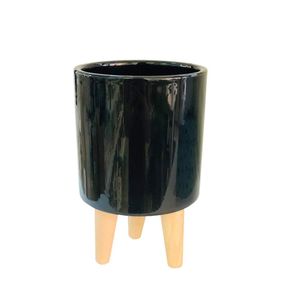 Vaso Cachepot Porcelana Preto Brilhante com Pé de Madeira AQ105601 - Brascontinental
