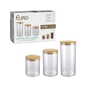 Conjunto Potes de Vidro Slin com Tampa de Bambu 3 Peças VDR68043 - Euro Home