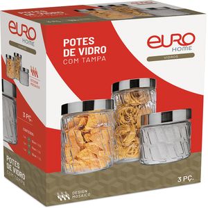 Conjunto Potes de Vidro Mosaico com Tampa Inox 3 Peças VDR20893 - Euro Home