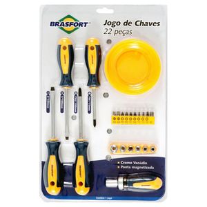 Jogo de Chaves Fenda, Phillips, Bits, Catracada e Prato Magnético Com 22 Peças 7031 - Brasfort